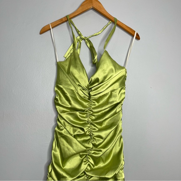 Jessica McClintock Y2K Green Silk Satin Ruched Dress H - Picture 3 of 8